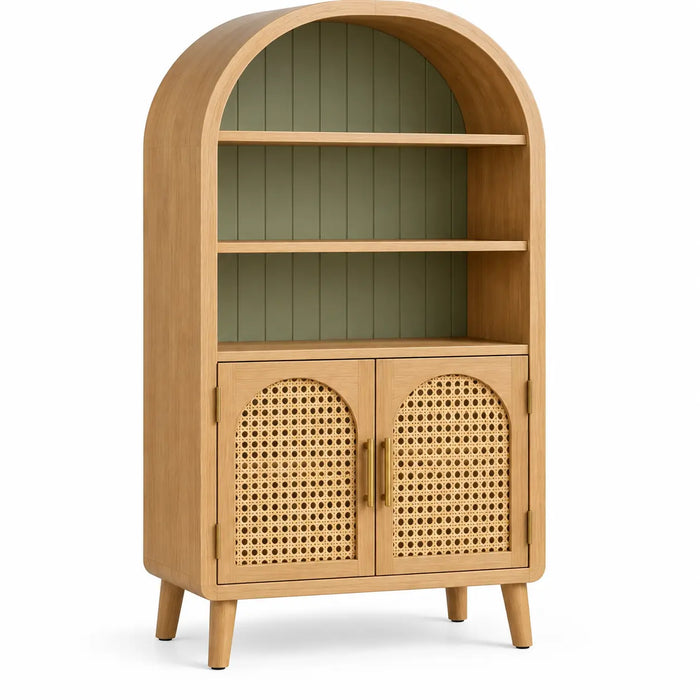 Bibliothèque beige en arche avec fond vert et portes basses tressées