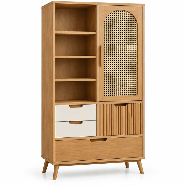 Armoire beige à porte tressée, étagères et tiroirs contrastés