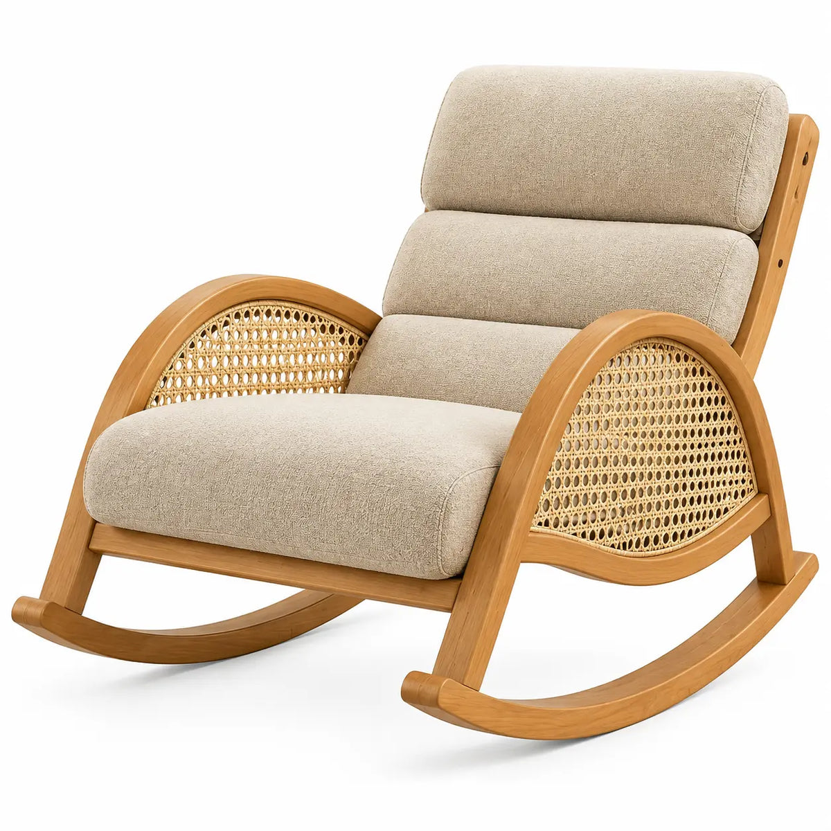 Fauteuil à bascule beige à dossier segmenté et côtés tressés arrondis