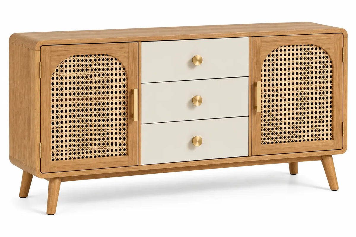 Buffet beige à deux portes tressées et trois tiroirs crème