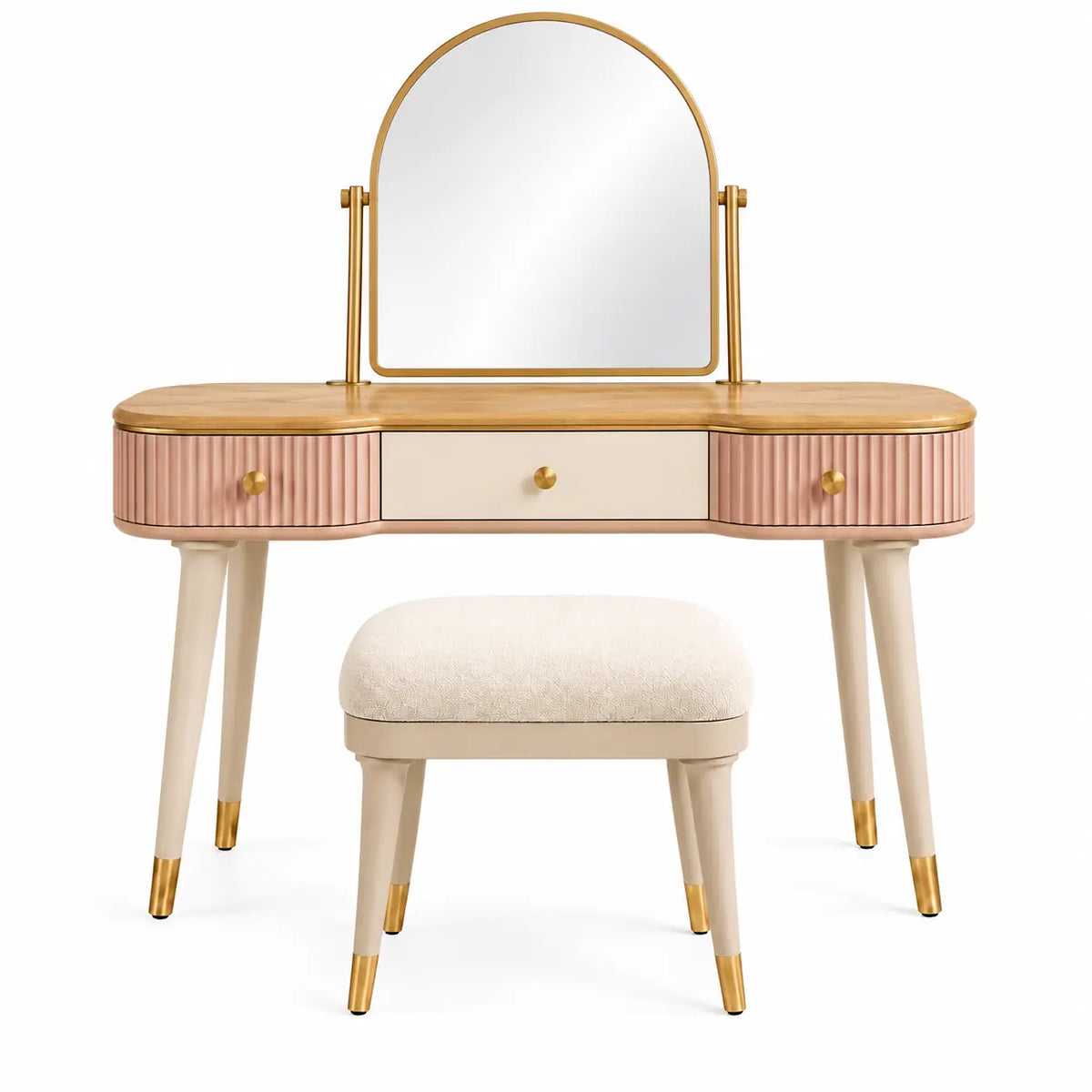 Coiffeuse crème et rose à miroir arqué et tabouret assorti