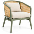 Fauteuil vert à panneaux tressés beiges et coussins clairs