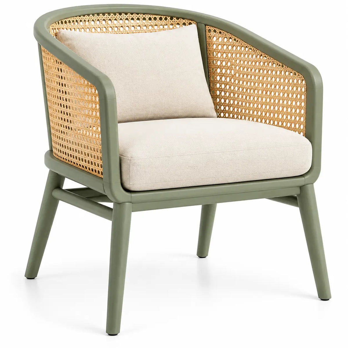 Fauteuil vert à panneaux tressés beiges et coussins clairs
