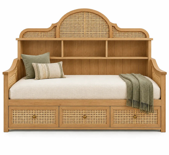 Banquette beige avec dossier à étagères et trois tiroirs ajourés
