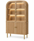 Vitrine beige arrondie à portes vitrées et placard bas strié