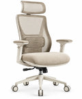 Fauteuil de bureau beige à dossier ajouré, appui-tête et roulettes