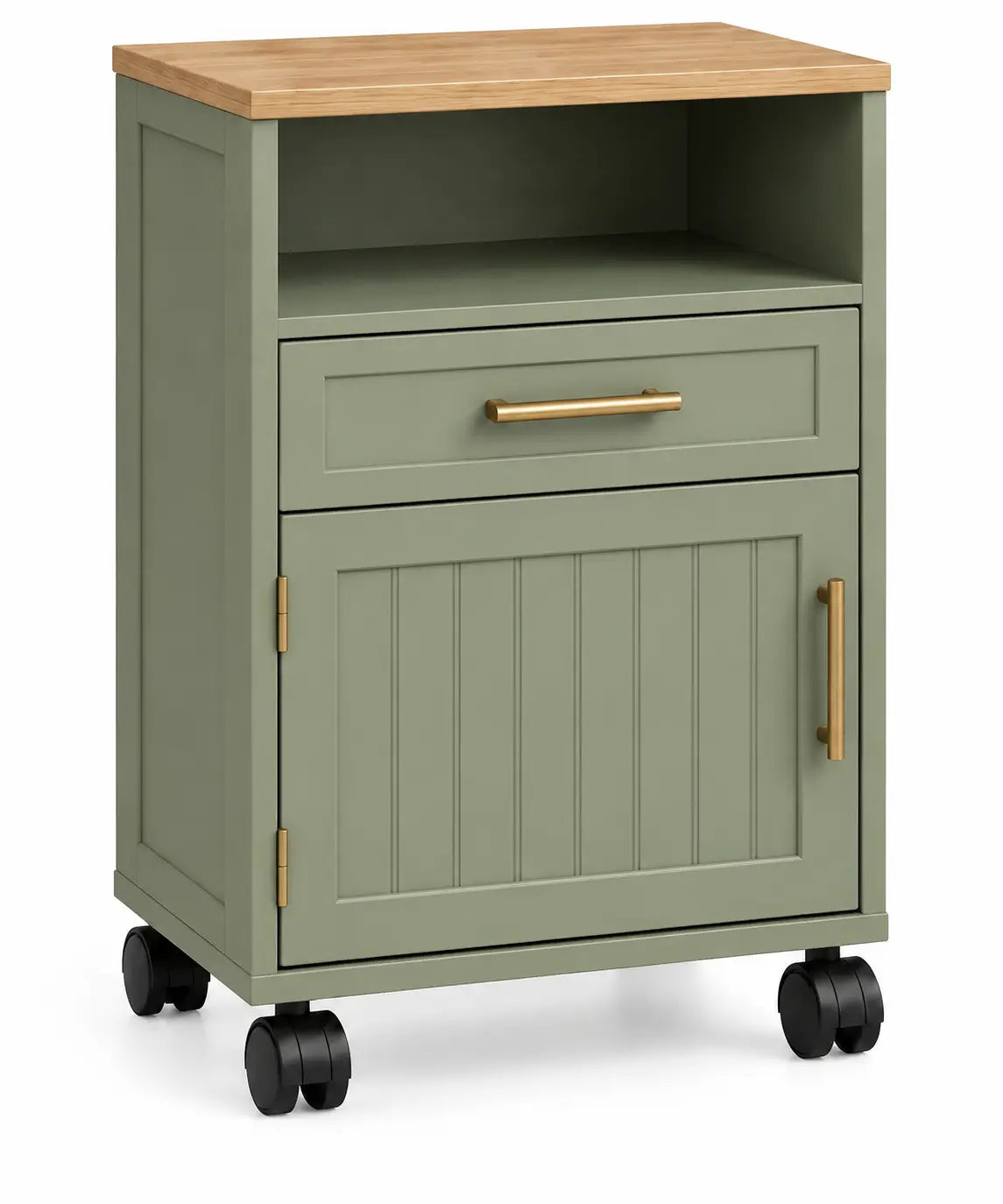 Caisson vert et beige sur roulettes avec niche, tiroir et placard