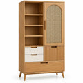Armoire beige à porte tressée, étagères et tiroirs contrastés